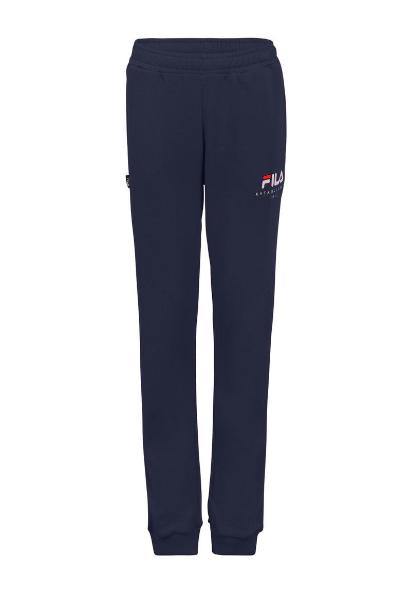 Marineblaue Sweatpants aus weichem Stoff mit einem elastischen Bund, ausgestattet mit einem weißen und roten Fila-Logo auf dem linken Oberschenkel.