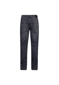 Jeans in denim scuro con design a gamba dritta, dotati di due tasche posteriori e una cintura con marchio. Il tessuto ha una finitura leggermente testurizzata.