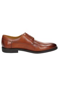 Scarpa da uomo in pelle marrone con finitura liscia, punta tonda, cinque occhielli per i lacci e suola sintetica nera lucida.
