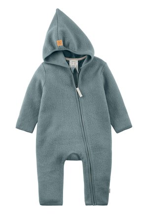 Weich texturierter blau-grauer Baby-Strampler mit Kapuze und durchgehendem Frontreißverschluss, entworfen für Wärme und einfaches Anziehen.