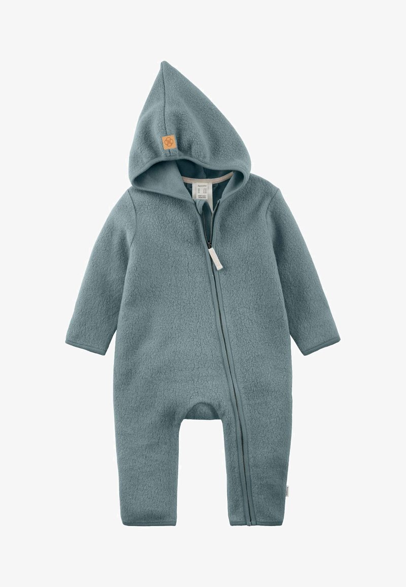 Zacht getextureerd blauwgrijs baby-rompertje met capuchon en volledige ritssluiting aan de voorkant, ontworpen voor warmte en gemakkelijk aankleden.