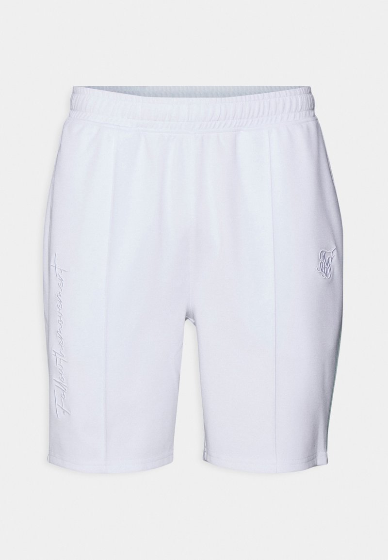 Shorts de sport blancs avec taille élastique, couture verticale détaillée, et texte brodé subtil sur la jambe gauche ainsi que logo sur la jambe droite.