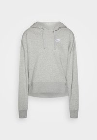 Grå kortärmad hoodie i mjuk fleece. Har ribbade muddar, en framficka i kängurustil och en vit Nike-logotyp på vänster bröst.