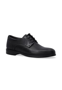 Schwarze Lederschuhe mit abgerundetem Zeh, fünf Ösen für die Schnürsenkel und einer glatten Oberfläche. Verfügt über einen niedrigen Absatz und dezente Nähte.