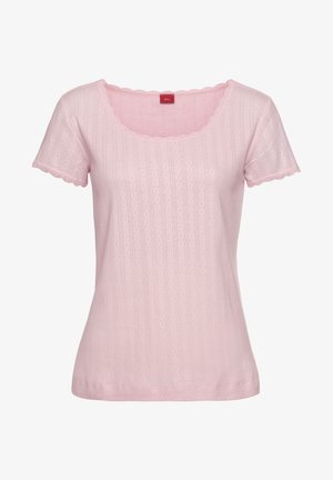 Light pink short-sleeve top with a scalloped neckline. The fabric features vertical ribbing and a delicate lace trim on sleeves.