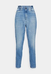 Hoge taille jeans van lichtblauwe denim, met een gestructureerde afwerking, vijf zakken en een enkele knoopsluiting bij de taille.