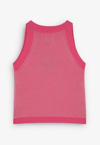 Geribbelde roze mouwloze top met een ronde halslijn en een gestructureerd patroon. Heeft contrasterende stiksels langs de naden en randen.