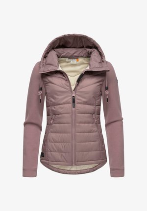 Light purple jacket featuring a padded front and smooth sleeves. Includes a hood, zippered pockets, and drawstring accents.