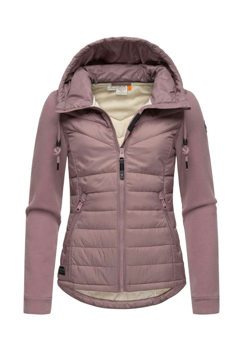Veste lilas clair avec un devant rembourré et des manches lisses. Comprend une capuche, des poches zippées et des accents à cordon de serrage.