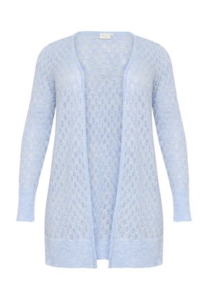 Lichtblauwe opengebreide cardigan met lange mouwen. Heeft een ribbelzoom en ribbelmanchetten. Gemaakt van zacht materiaal met een delicate, luchtige textuur.