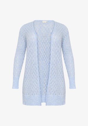 Svijetloplava otvorena pletena kardigan s dugim rukavima. Ima rebrasti rub i manžete. Napravljen od mekanog materijala s delikatnom, prozračnom teksturom.