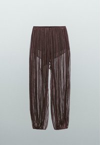 Braune, transparente, plissierte Hose mit lockerer Passform, elastischem Bund und leichtem, strukturiertem Stoff. Die Länge reicht bis zur Mitte der Waden.