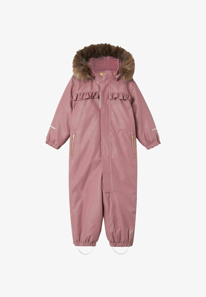 Rozā ūdensizturīgs snowsuit ar mākslīgu kažokādu kapuci, rievojumu dizainu krūtīs, priekšējo rāvējslēdzēju, atstarojošām detaļām un elastīgām aprocēm pie potītēm.