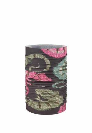 Multicolored tubular fabric neck gaiter with pink, green, and brown abstract floral patterns on a dark background.
