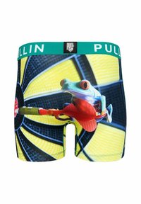 Boxers pour hommes arborant un design vif et ludique avec une grenouille tenant une fléchette sur un fond de cible jaune et noir. Ceinture verte.