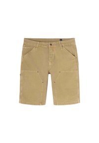 Shorts khaki en mélange de coton avec une coupe décontractée. Comprend cinq poches, des coutures discrètes et une fermeture à glissière.