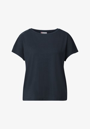 Dunkelblaues kurzärmliges T-Shirt aus weichem Material, mit Rundhalsausschnitt und gemusterten Details an den Schultern. Bequeme Passform.