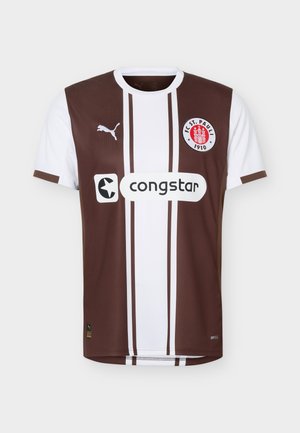 Maillot de football marron et blanc du FC St. Pauli avec des rayures verticales, logo Puma et sponsor « congstar » à l'avant.