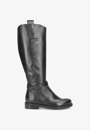 Black leather knee-high boot with a smooth finish, round toe, a strap and buckle detail, and a low heel. Durable sole with tread.