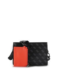 Schwarze Handtasche mit Monogramm-Muster, ausgestattet mit einem abnehmbaren orangen Kartenhalter. Strukturierte Form mit Schulterriemen und silbernen Beschlägen.