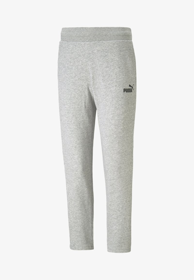 Lysegrå sweatpants lavet af bomuldsblandingsstof, med en ribbet talje og et lille sort Puma-logo på venstre lår.