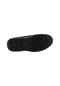 Suela de zapato de goma negra con un patrón de relieve profundo, que presenta surcos y secciones elevadas para tracción y durabilidad.