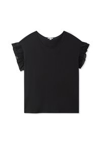 Top corto a maniche corte di colore nero, realizzato in tessuto liscio, con dettagli trasparenti arricciati sulle maniche e una scollatura rotonda. Design semplice e rilassato.