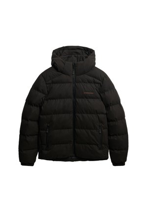 Sort quiltet dunjakke med høj krave, frontlynlås og lynlåslommer i siden, designet til koldt vejr.