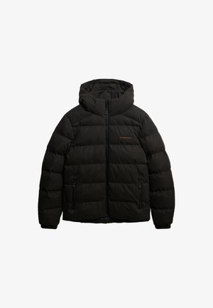 Sort quiltet dunjakke med høj krave, frontlynlås og lynlåslommer i siden, designet til koldt vejr.