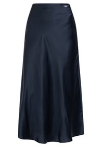 Jupe maxi en satin bleu marine avec une texture lisse, une taille cintrée et une silhouette fluide qui tombe jusqu'à l'ourlet.