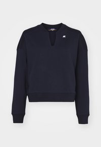 Námořnická modrá mikina s sportovním designem, s výstřihem a malým logem na horní levé straně.