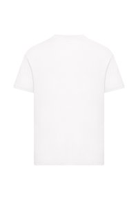White cotton t-shirt, short sleeves, crew neck, plain back with no logos or patterns, smooth texture, standard boxy shape.