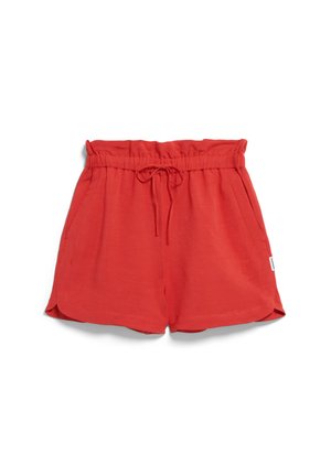 Rode, lichte shorts met een elastische tailleband, een trekkoord, zijzakken en een losse pasvorm. Het ontwerp heeft een gladde textuur en zijsplitten.
