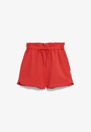 Rode, lichte shorts met een elastische tailleband, een trekkoord, zijzakken en een losse pasvorm. Het ontwerp heeft een gladde textuur en zijsplitten.