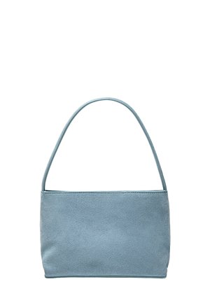 Light blue suede handbag with a single thin strap and rectangular shape, shown against a white background.