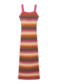 Abito in maglia con motivo zigzag in arancione, rosa, crema e verde. Presenta spalline quadrate e una silhouette aderente. Costine testurizzate su tutta la superficie.