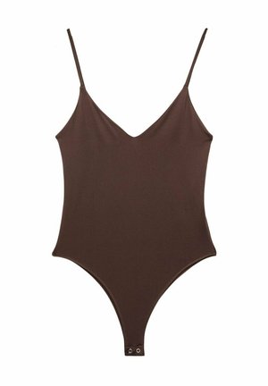 Brauner Body mit V-Ausschnitt, dünnen Trägern und einem hohen Beinausschnitt. Hergestellt aus glattem, elastischem Stoff mit einem Druckknopfverschluss am Boden.