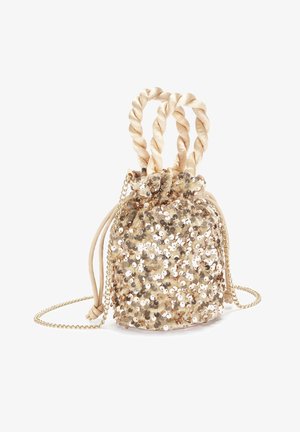 Goldene, mit Pailletten verzierte Zugtasche mit geflochtenen Satin-Tragegriffen und einem abnehmbaren Kettenriemen. Strukturierte Oberfläche mit glänzenden Akzenten.
