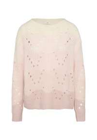 Pull en tricot rose clair avec une coupe ample, présentant des motifs ajourés et des bords côtelés aux poignets et à l'ourlet. Encolure ronde et longueur cropped.