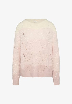 Light pink knitted sweater with a loose fit, featuring openwork patterns and ribbed cuffs and hem. Rounded neckline and cropped length.