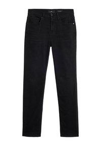 Schwarze Denim-Jeans, gerades Schnittmuster, Fünf-Taschen-Design, normaler Bund mit Gürtelschlaufen, vorderer Knopf- und Reißverschluss, keine sichtbaren Abnutzungserscheinungen.
