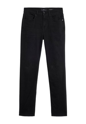 Jeans in denim nero, taglio dritto, design a cinque tasche, vita standard con passanti per cintura, chiusura frontale con bottone e zip, senza evidenti segni di usura.