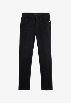 Czarne dżinsy z denimu o prostym kroju nogawki, z pięcioma kieszeniami, zapięciem na guziki oraz subtelnymi detalami przeszyć na gładkiej powierzchni.