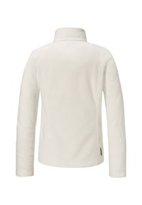 Giacca in pile bianca con colletto alto, maniche lunghe e cuciture raglan. Presenta una texture liscia e un patch con logo vicino all'orlo.