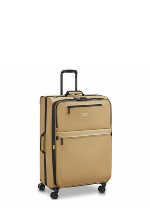 Wheeled suitcase in beige fabric, featuring a telescopic handle, black zippers, front pocket, and four black wheels for mobility.