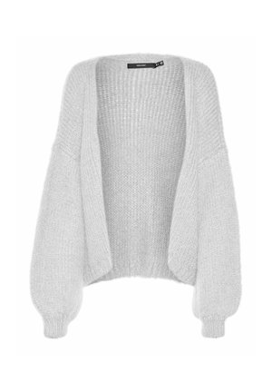 Cardigan de punto gris claro con un corte holgado, mangas anchas y textura acanalada, presenta un frente abierto y sin cierres.