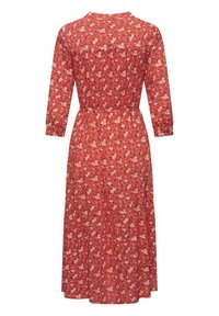 Long red dress featuring a floral pattern, round neckline, three-quarter sleeves, belted waist, and gathered skirt, made from lightweight fabric.