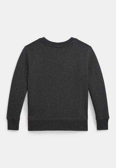 Σκούρο γκρίζο φλις φούτερ με μακριά μανίκια, στρογγυλή λαιμόκοψη και αντίθετες ραφές κατά μήκος των ραφών. Μαλακή υφή και χαλαρή εφαρμογή.