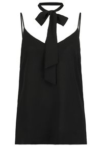 Black sleeveless top with a v-neck and a tied neck detail. Made from smooth fabric, it features thin straps and a relaxed fit.