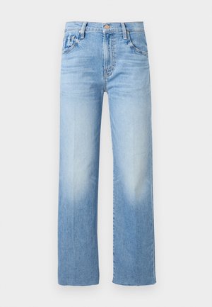 Light blue straight-leg denim jeans with front button and zipper closure, five-pocket style, and subtle fading on thighs.